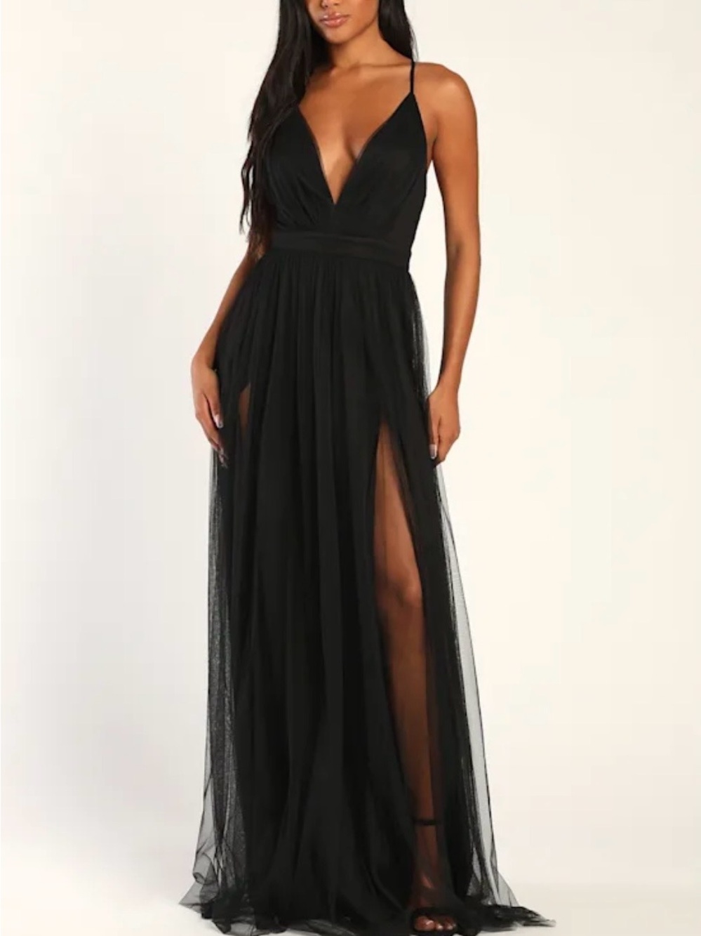 Forever 21 Black Spaghetti-Strap Tulle Maxi Dress with High Slits